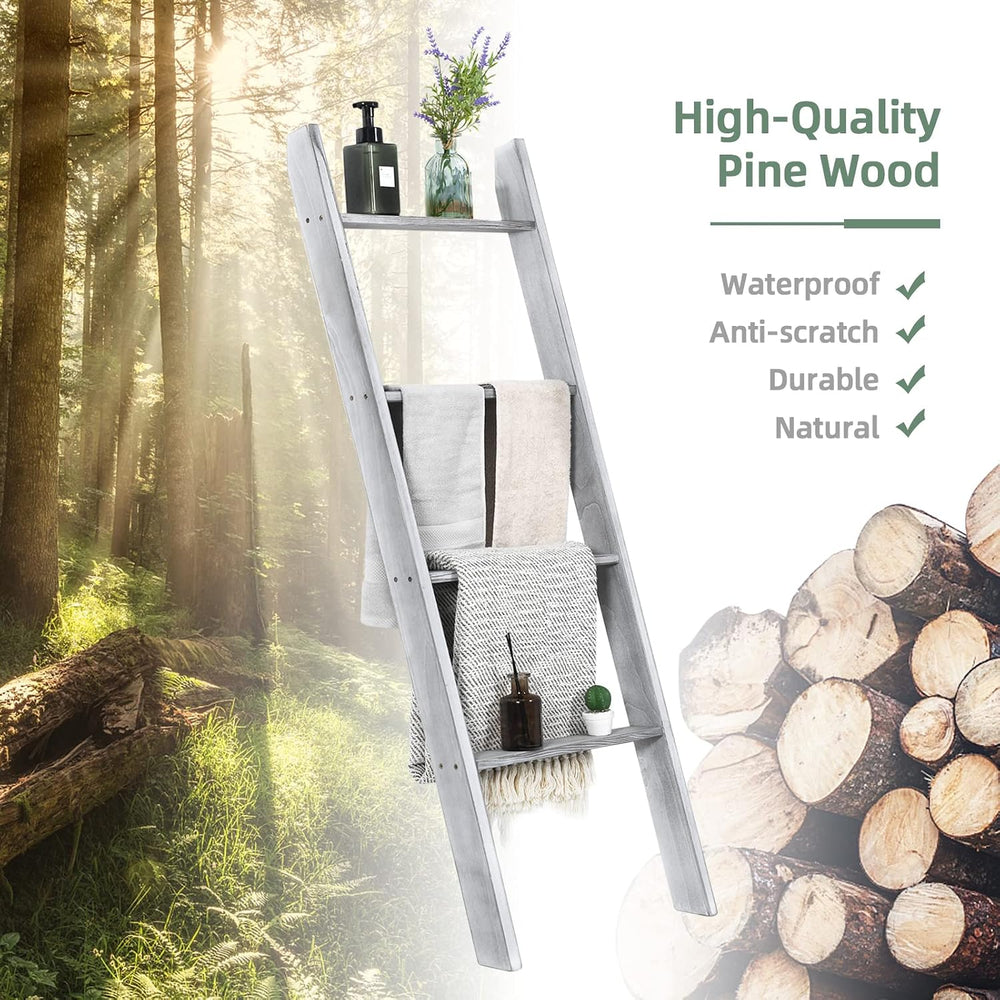 Tangkula 4-Tier Wooden Blanket Ladder, 4.5 ft Farmhouse Storage Rack, Wall Le...