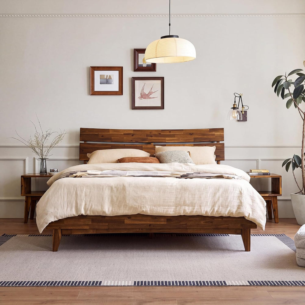 Aurora Acacia Solid Wood King Platform Bed Frame with Headboard, Walnut