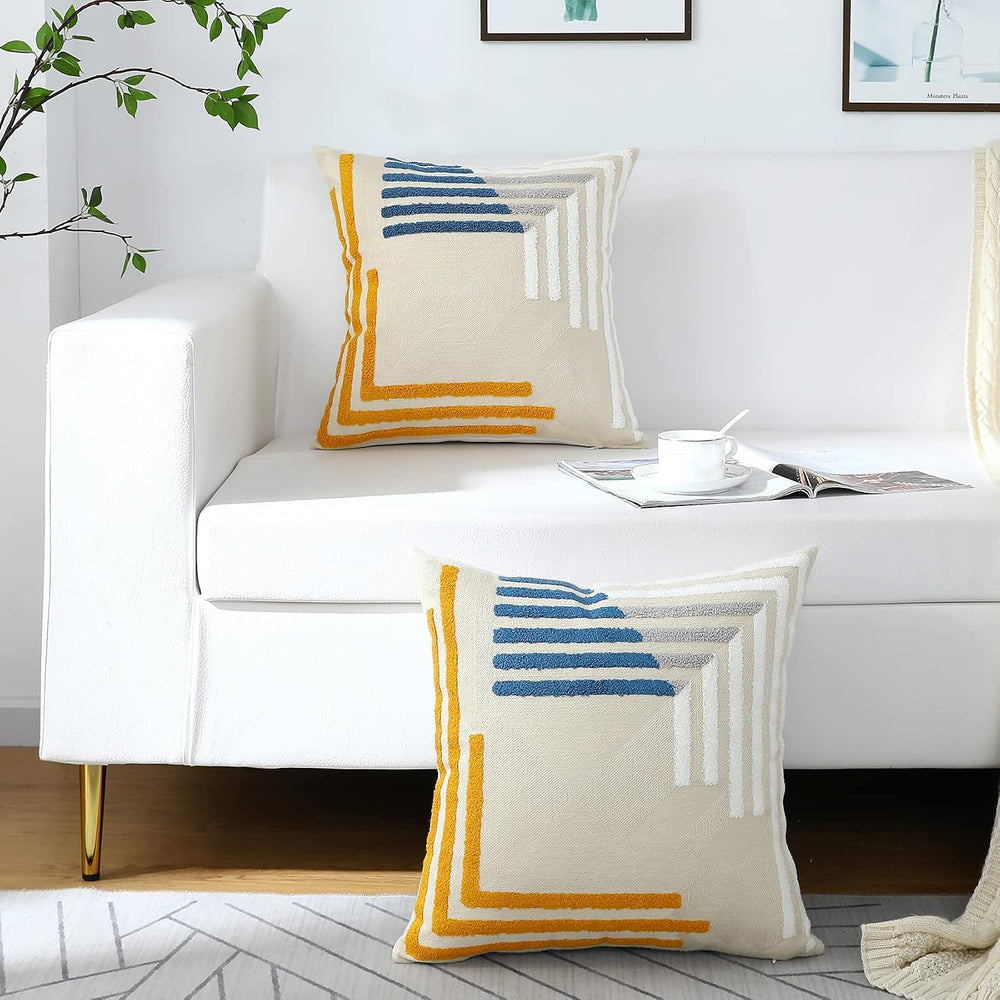 Yellow Blue Modern Tufted Embroidered Pillow Covers 18x18 Set of 2