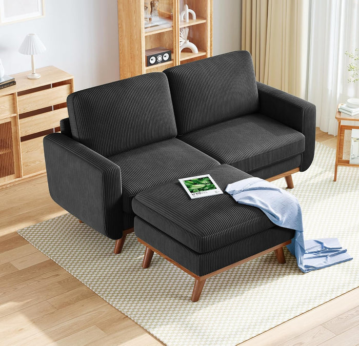 Vesgantti 68" Loveseat Sofa with Movable Ottoman, Comfy Corduroy Couch with Spring Cushion, Sofa Couch with Solid Wood, Modern Office Sofa with Deep Seat for Living Room and Bedroom, Black
