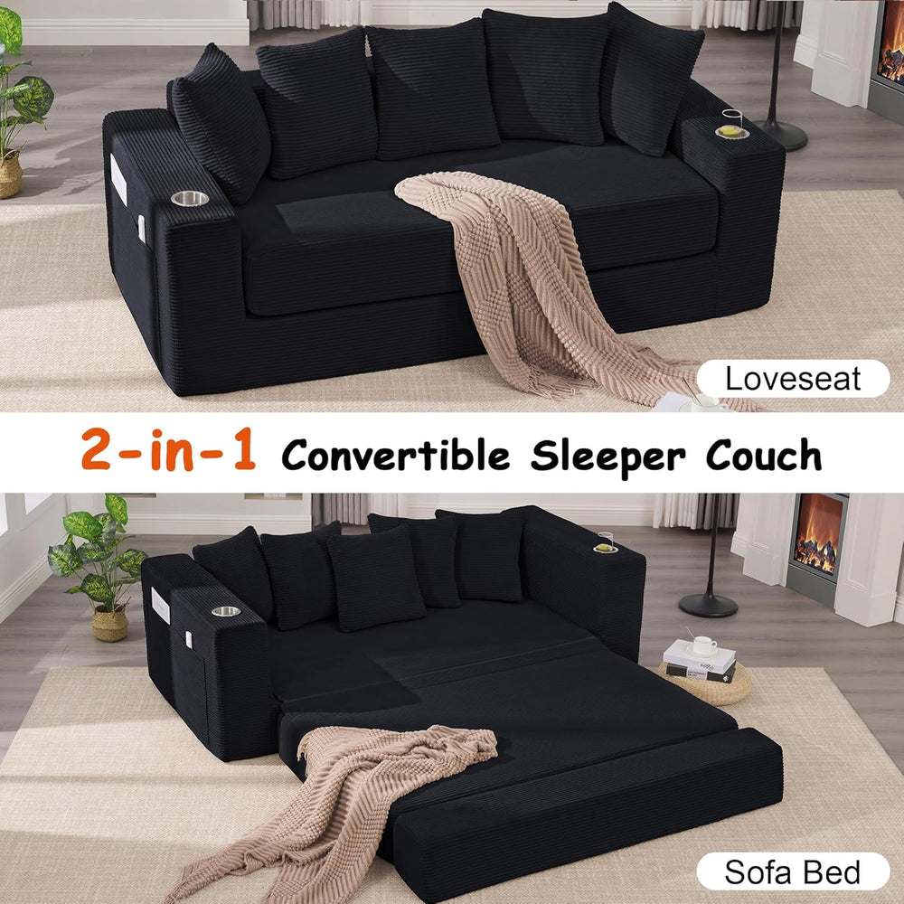 76" Convertible Sofa Bed, Corduroy Boneless Couch with Cup Holders &...