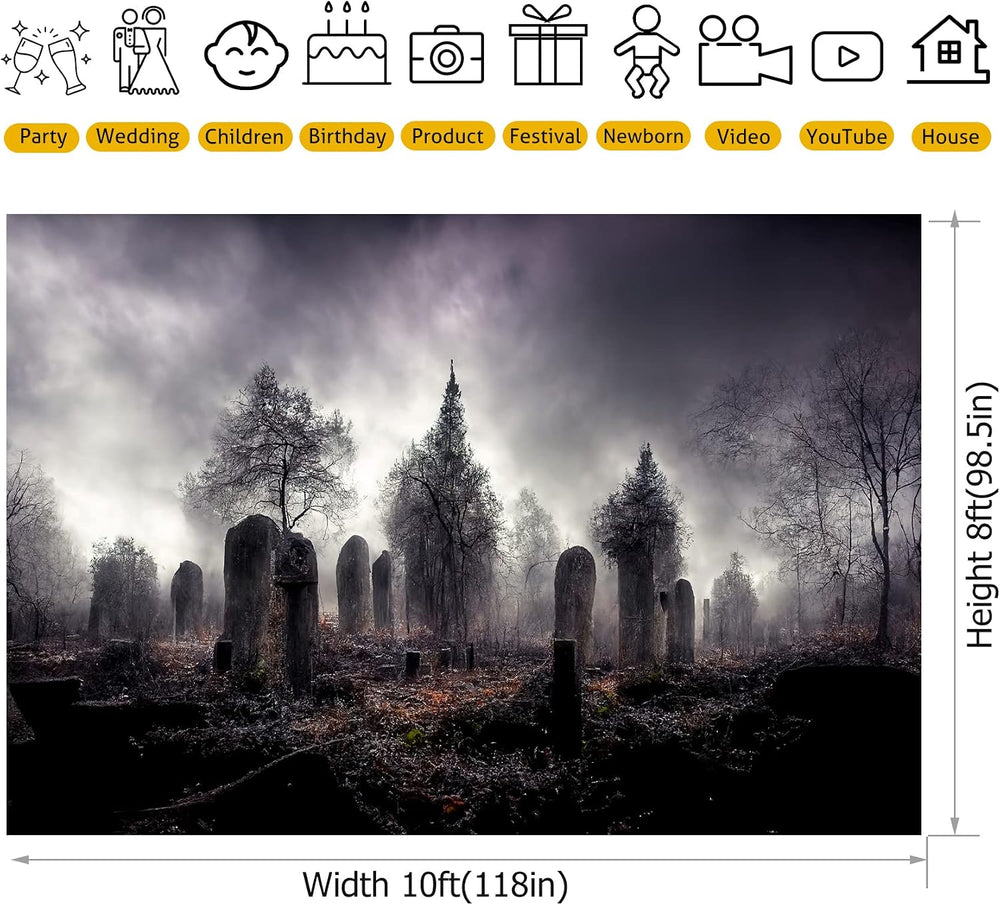10x8ft Creepy Cemetery Backdrop Fantasy Halloween Forest Photography Backgrou...