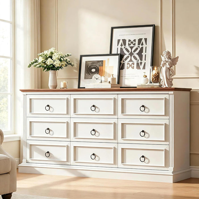 Farmhouse Dresser for Bedroom with 9 Drawers, 60" White Storage Chest of Drawers with with Roman Column, Wood Dresser for Living Room, Hallway