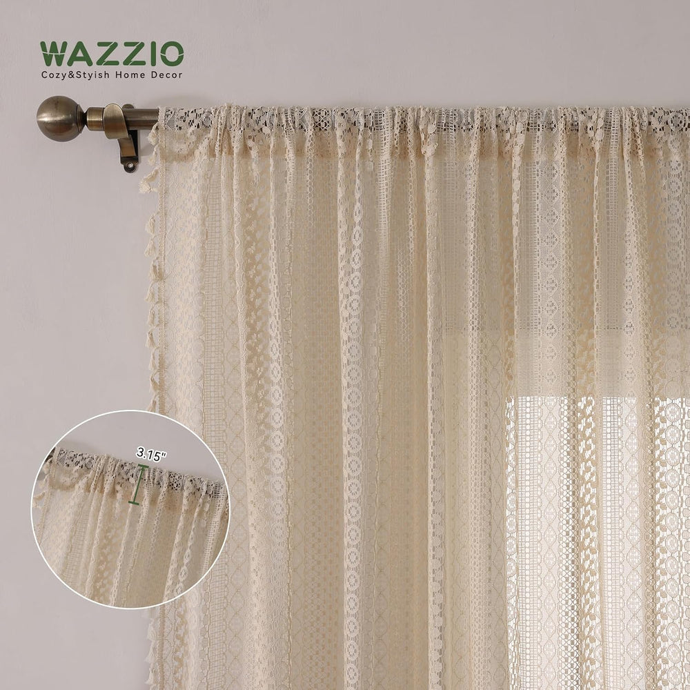 Boho Crochet Curtains for Living Room Lace Curtains 84 Inches Long 2 Panel, R...
