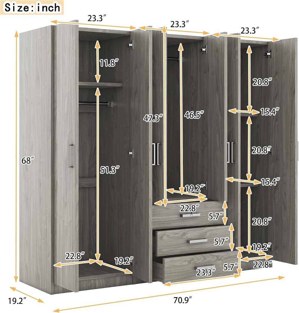 Merax Large 6 Doors Wooden Wardrobe, Bedroom Tall Armoire Closet Organizer wi...