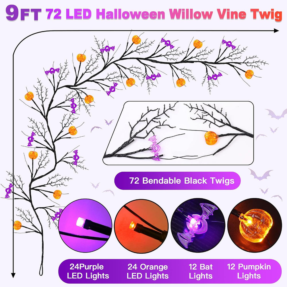 9FT 72 LED Halloween Garland with Lights Lighted Black Willow Vine Decoration...