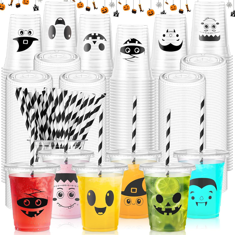 12oz Halloween Disposable Plastic Cups with Lids and Straws