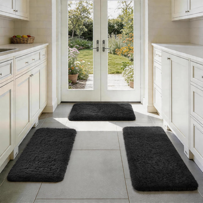 Ophanie Small Rug Washable Non Slip Throw Bedside Area Rugs, Fluffy Soft Mini Bedroom Carpet, 1.5x2.5,1.5x4 and 1.5x5 Rug Set, 3 Piece Black with Over 99 pcs Pile fibers