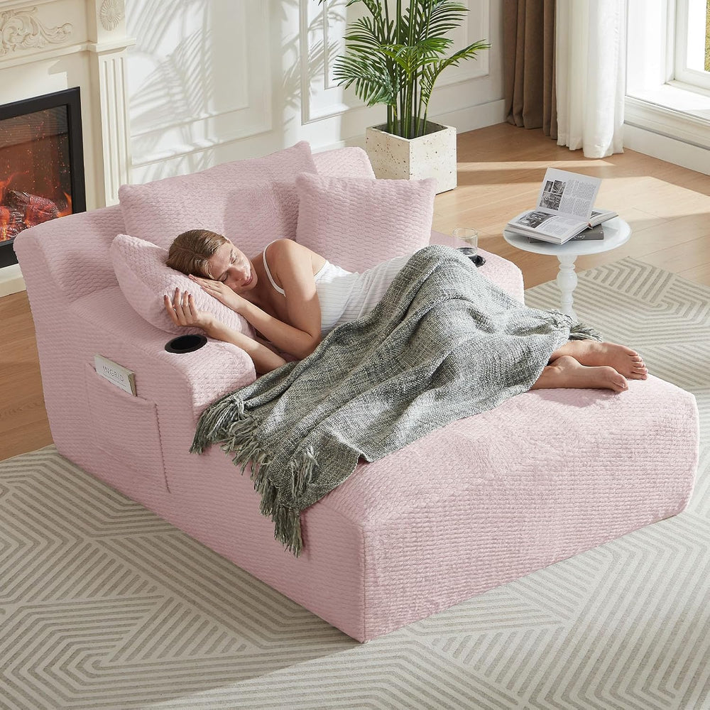 LUCKHAO 49.2" Oversized Chaise Lounge Chair Indoor,Faux Fur Boneless Rea...
