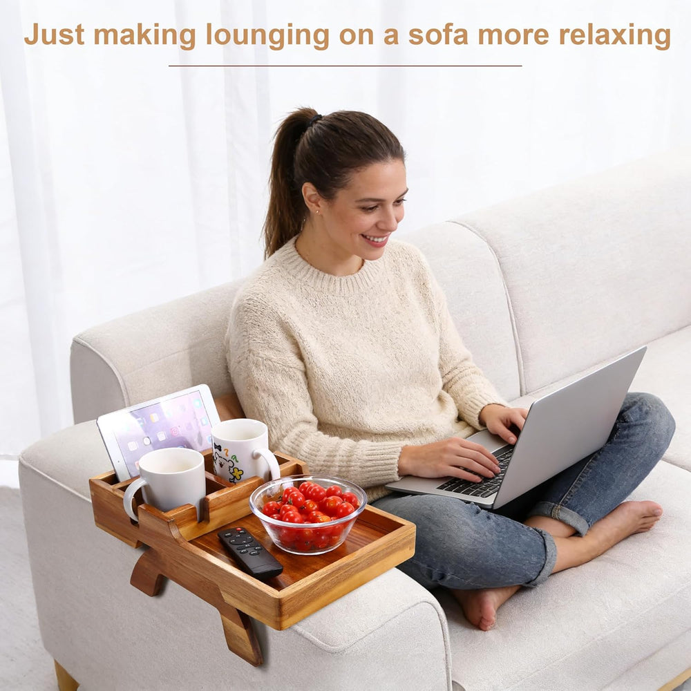 Couch Armrest Table, Acacia Wood Sofa Arm Table with 2 Cup Holders, 15.4"...