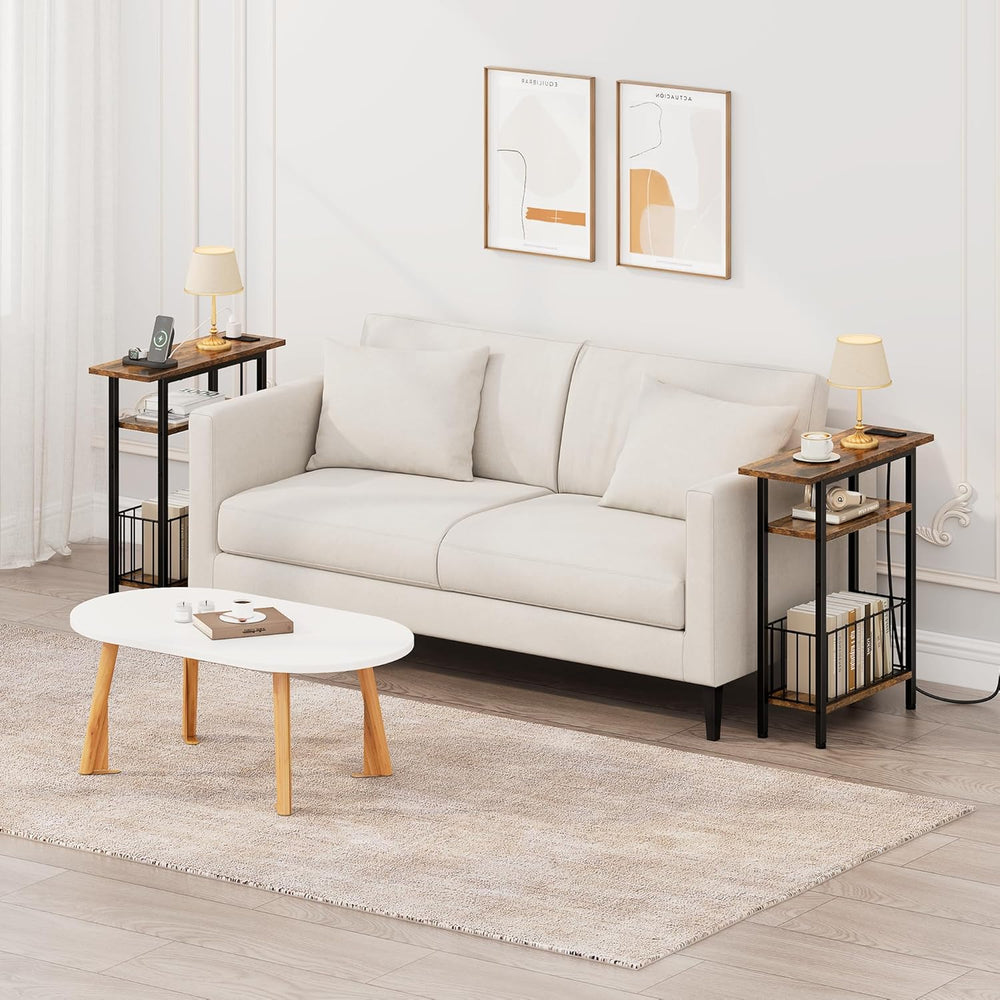 Vagusicc Narrow Side Table with Charging Station, 3-Tier Skinny Side End Tabl...