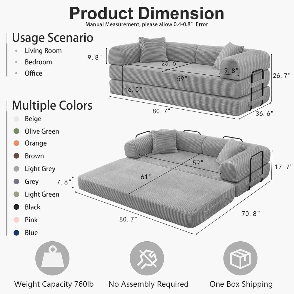 JJJ 78 inch Boneless Sofa Bed Sleeper Couch