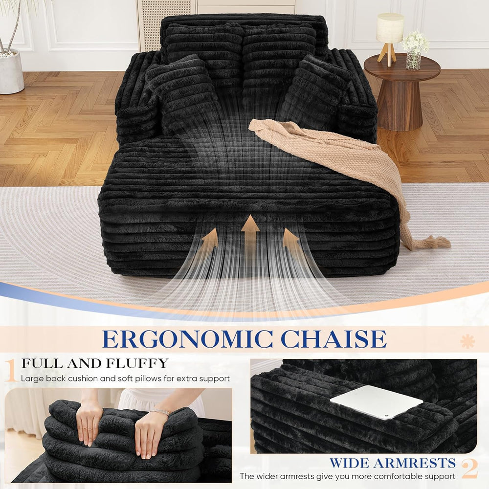 Oversized Chaise Lounge Indoor, Modern Plush Faux Fur Fabric Deep Seat Bonele...