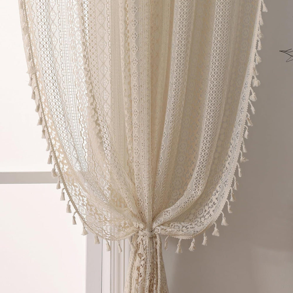 Boho Crochet Curtains for Living Room Lace Curtains 84 Inches Long 2 Panel, R...