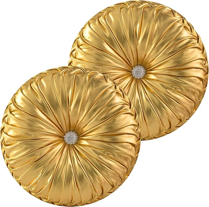 HIG Set of 2 Handcrafted Gold Ruched Round Throw Pillows – 14.5’’ Metallic