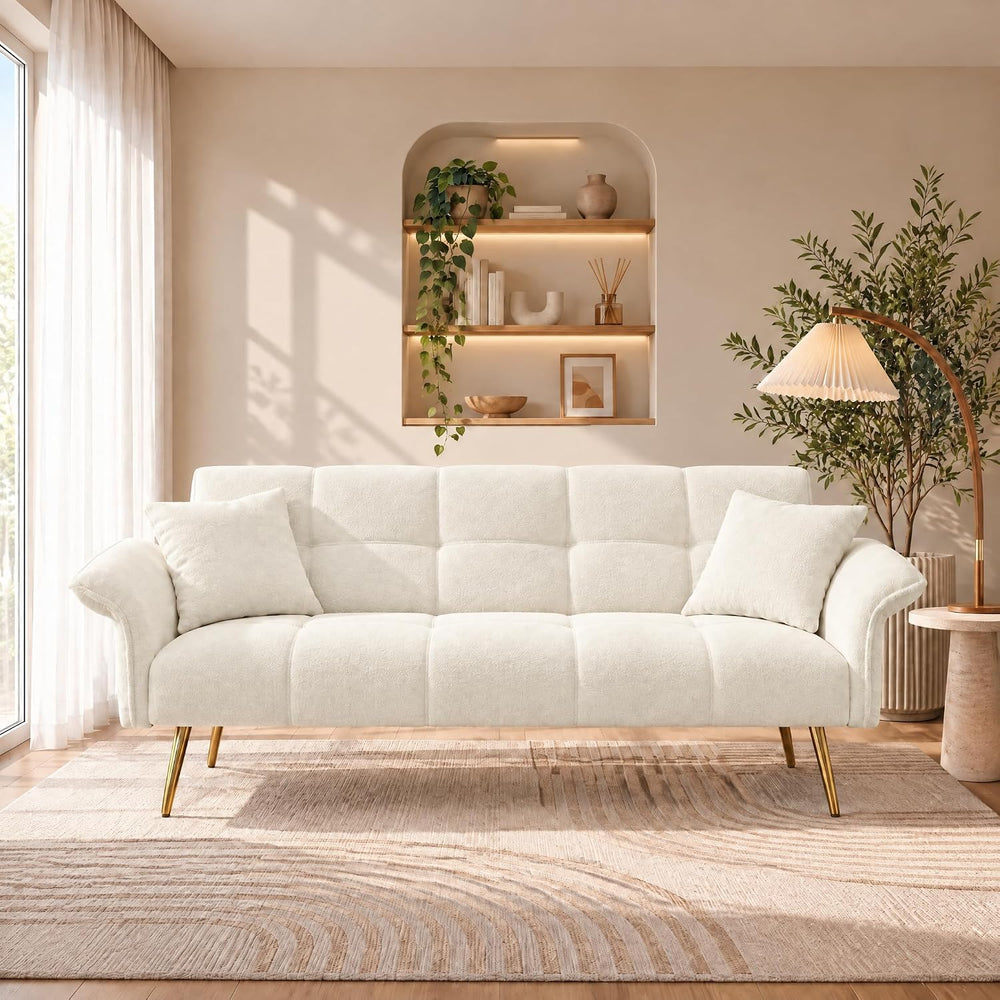 70.1" Convertible Futon Sofa Bed, Teddy Loveseat Couches, Beige