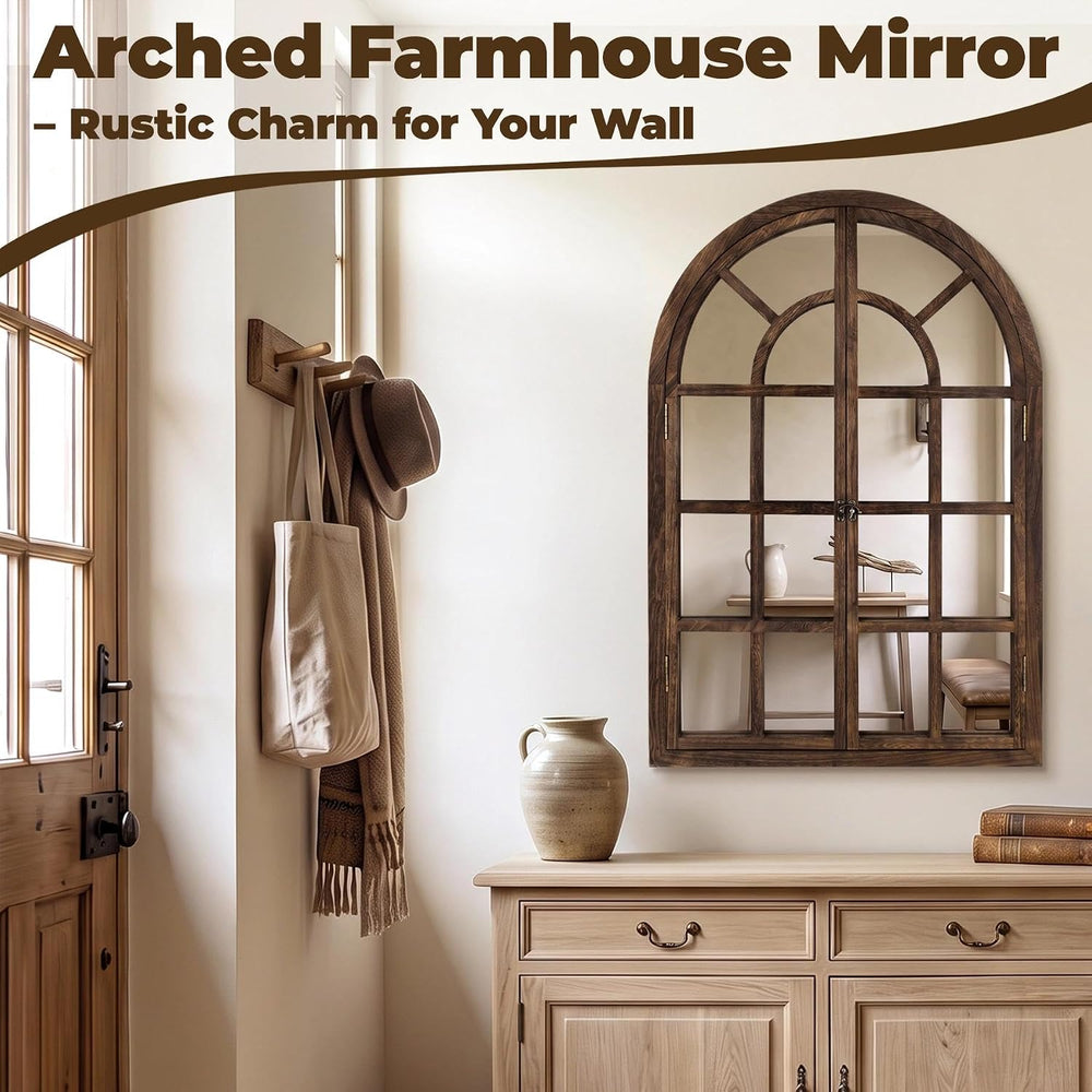 Farmhouse Window Mirror for Wall, 38 X 26 Inch Rustic Wood Frame