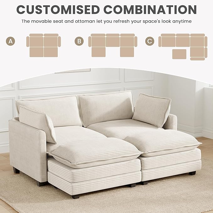 78'' Modular Sectional Cloud Couch with 2 Movable Ottoman, 4 Seat Com...