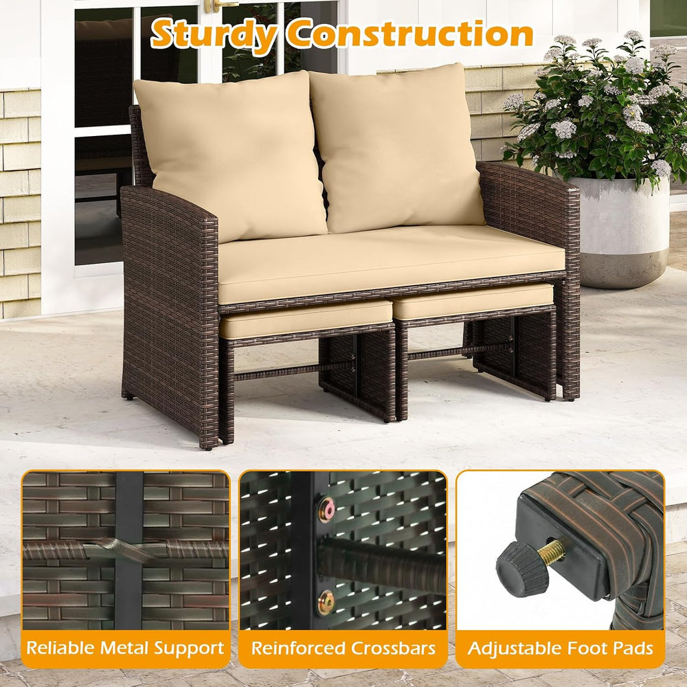 Tangkula Outdoor Loveseat with 2 Ottomans, 3 Pieces Patio PE Wicker Furniture...