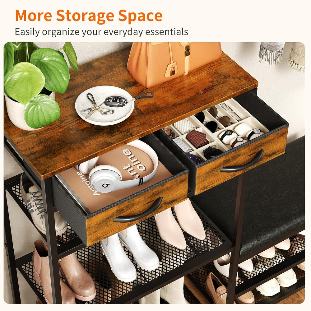 HavenlyYouth Shoe Rack Bench Cushioned with 2 Drawers & 5-Tier Entryway O...