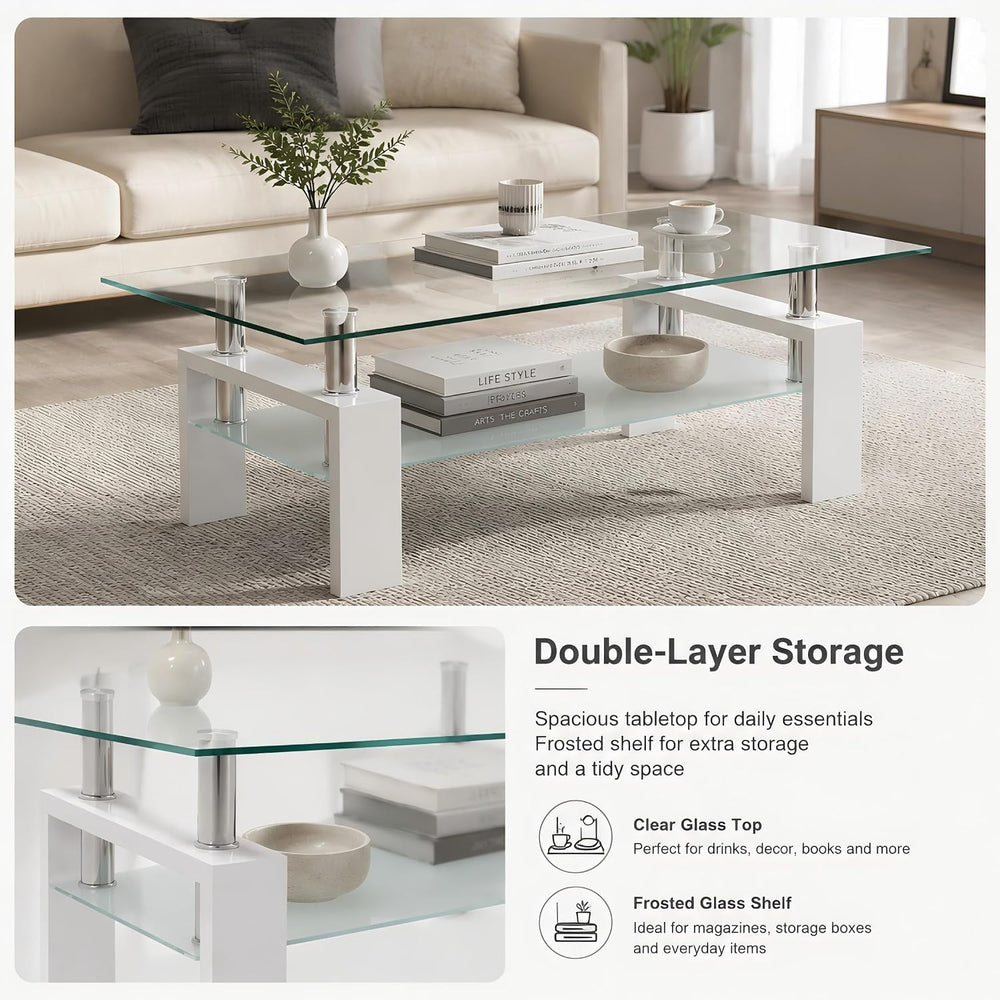 Glass Coffee Table for Living Room, Modern Coffee Table with Transparent Temp...