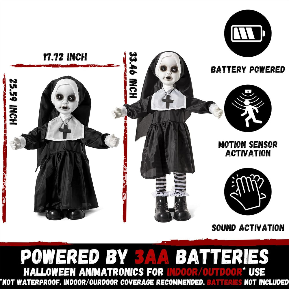 Halloween Animatronic Nun Doll Decorations, 25-33 Inch Scary Zombie Nun with ...