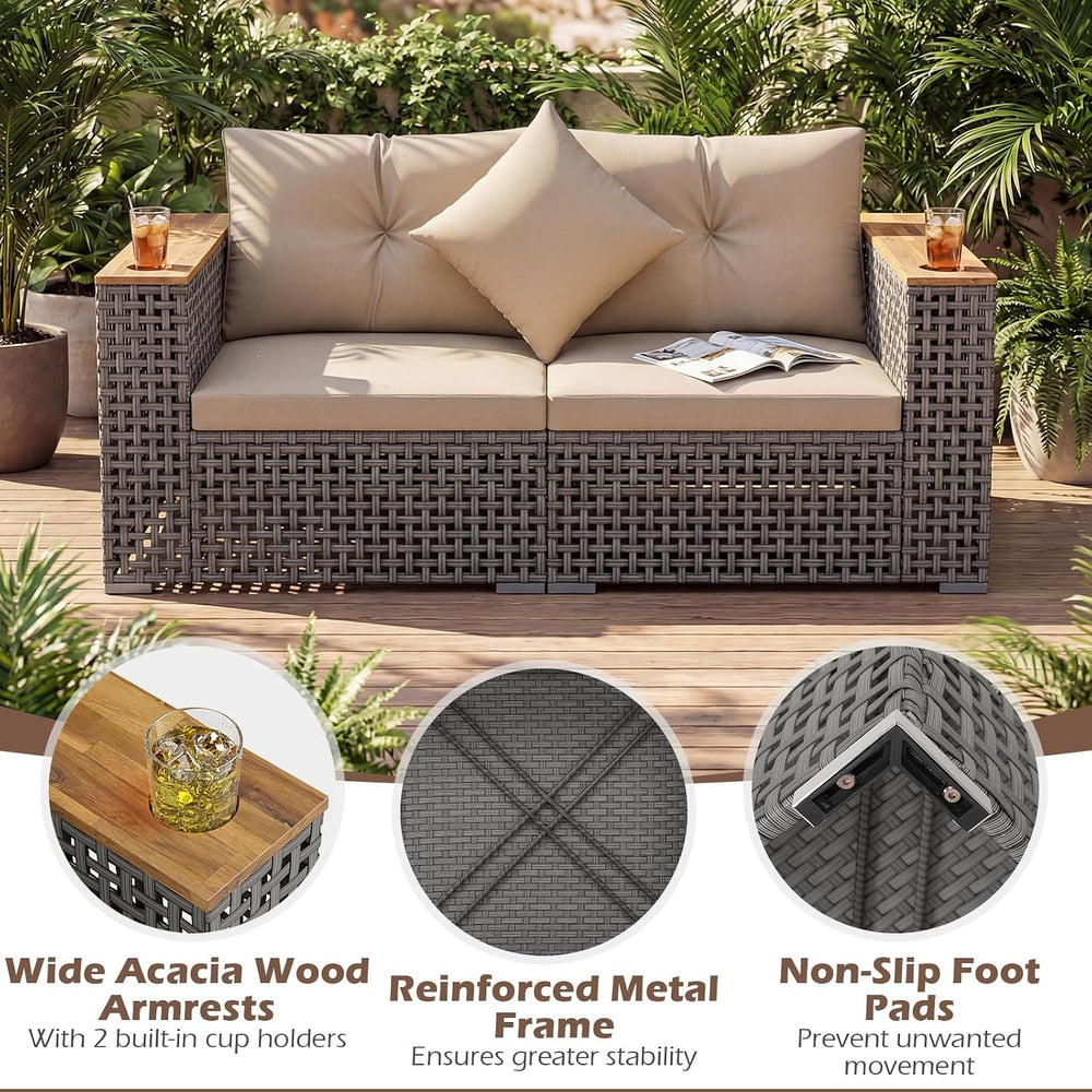 Tangkula 62.5" Patio Wicker Loveseat with Acacia Wood Armrest & Cup ...