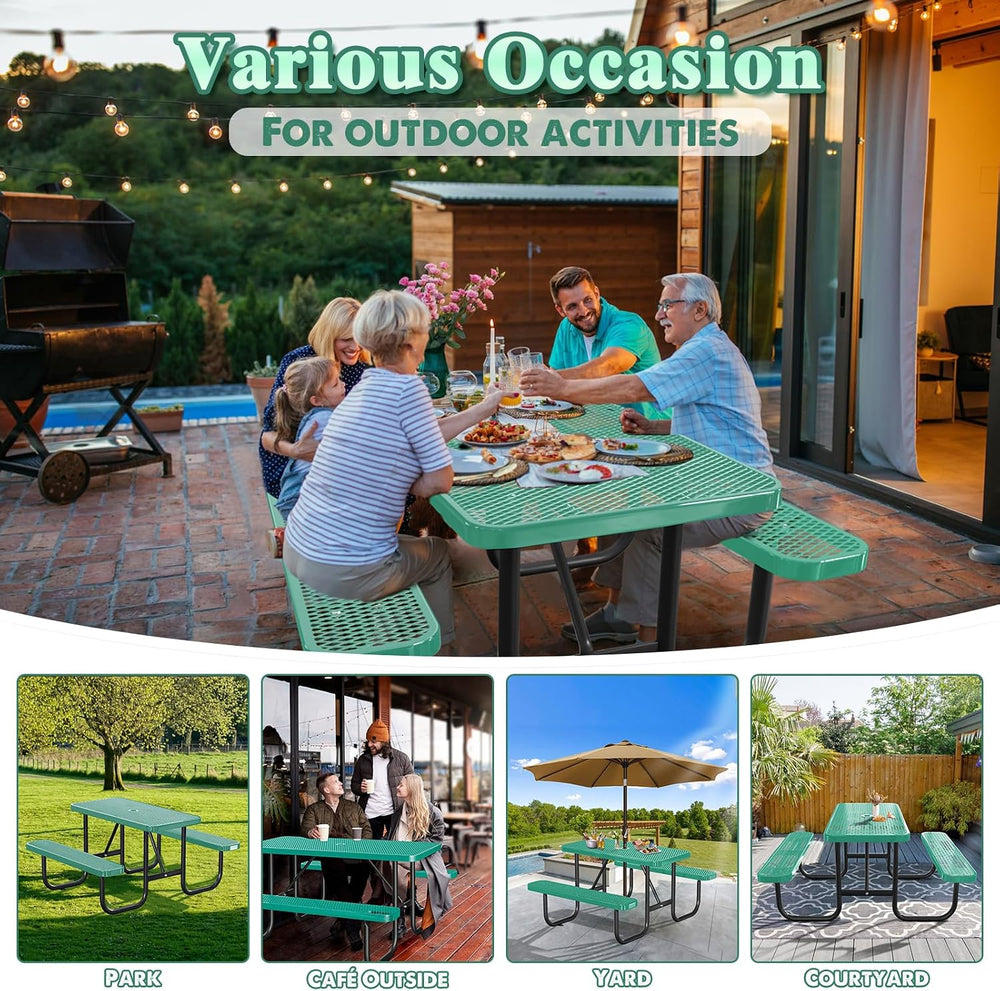 Heavy Duty Picnic Table with Umbrella Hole, Expanded Meta Outdoor Metal Patio...