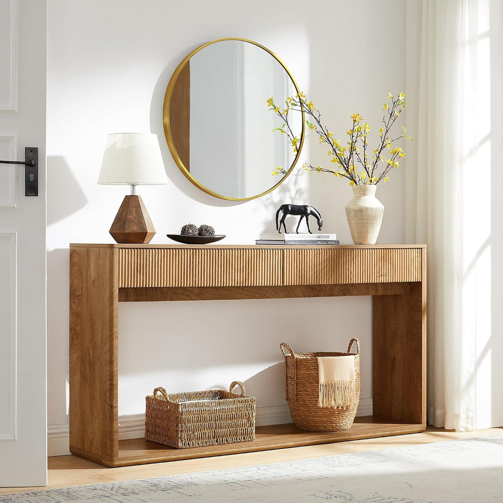 OKD 63" Fluted Console Table for Entryway with 2 Drawers, Light Knotty O...
