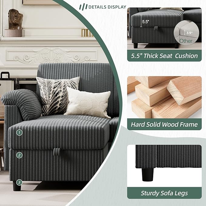Vongrasig Convertible Sectional Sofa Couch, 3 Seat L Shaped Sofa with Removab...