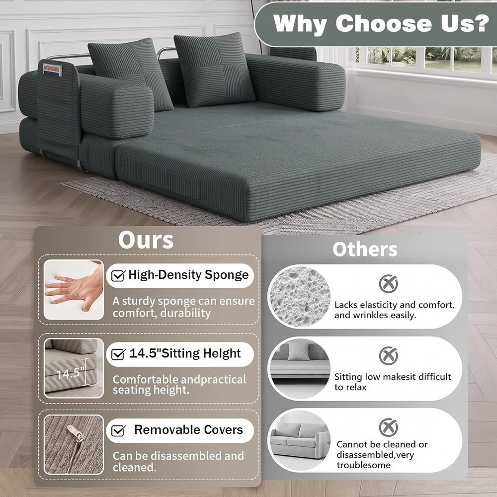 60" Convertible Corduroy Sofa Bed, 5-in-1 Boneless Couch for Living Room