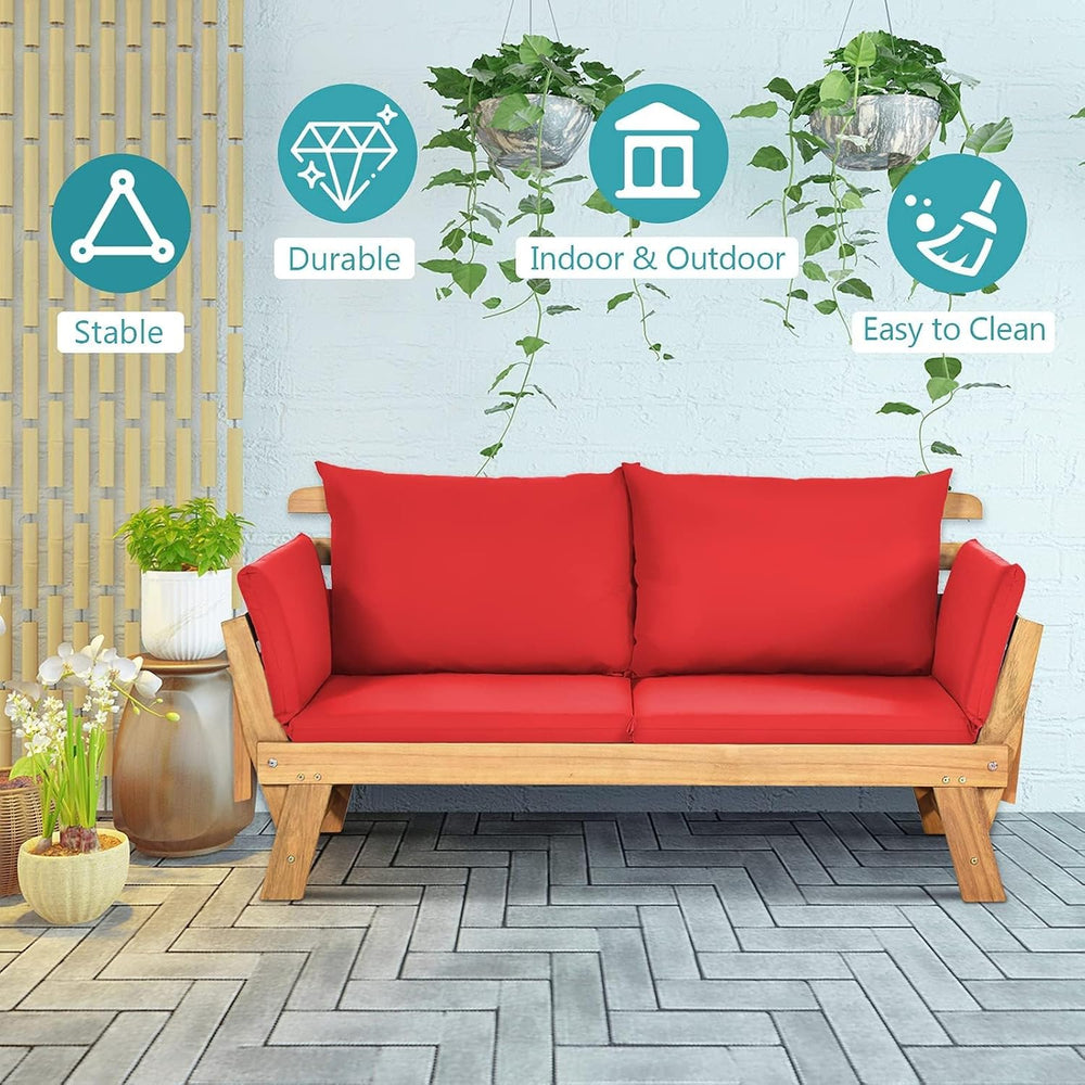 DORTALA Patio Convertible Couch Sofa Bed, Acacia Wood Daybed w/Adjustable Arm...