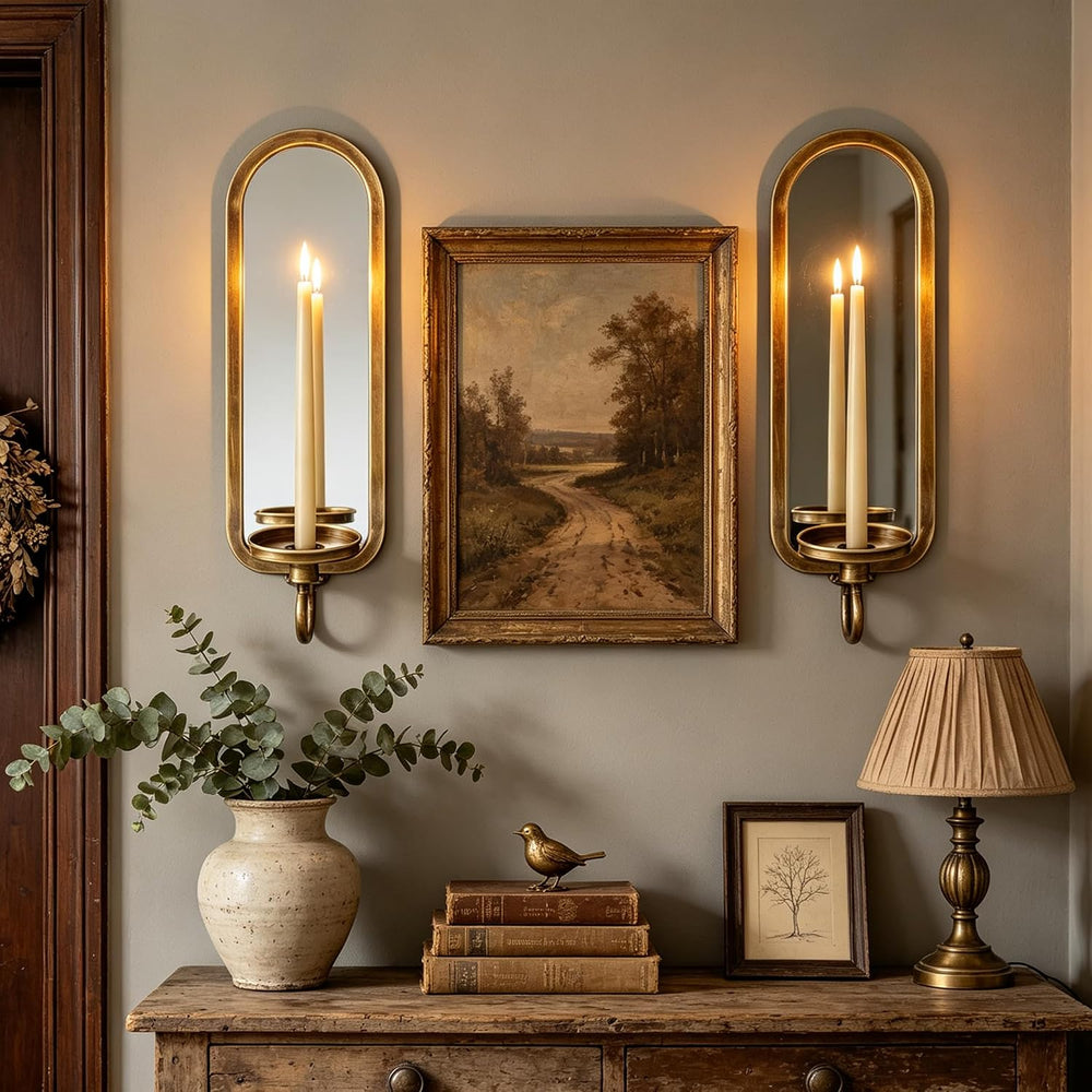 Wall Candle Sconces Arched Metal Candle Holder with Mirror Set