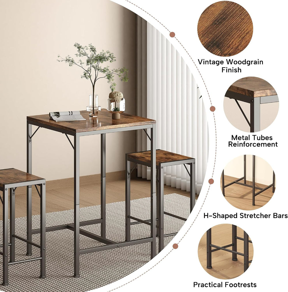 Homeiju Bar Table and Chairs Set, Square Bar Table with 2 Stools, Space-Savin...