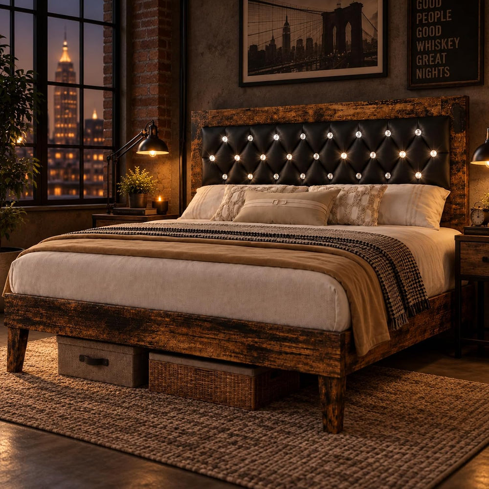 Wood Queen Bed Frame with Diamond Tufted Upholstered Headboard, Walnut