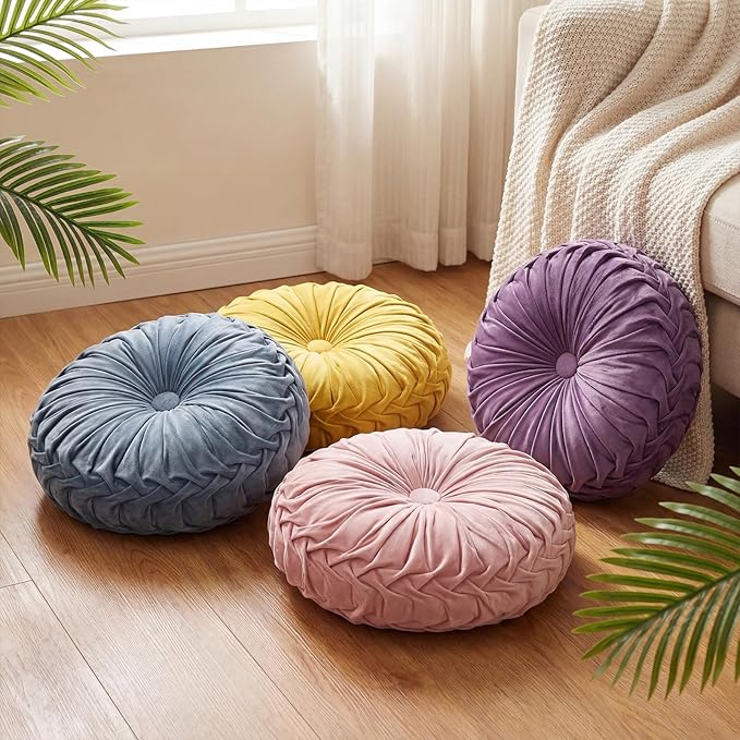 Kathfly Set of 4 Decorative Round Pleated Throw Pillows, Classy Velvet Pumpkin