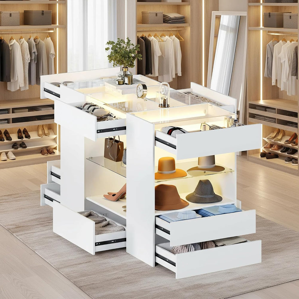 Modern Closet Island with 10 Drawers with LED (White)