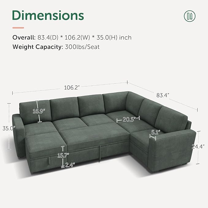 HONBAY Modular Sectional Sleeper Sofa with Pull Out Bed, Corduroy Couch with ...