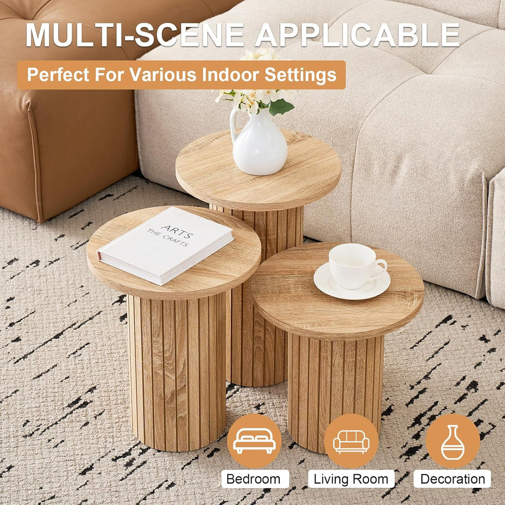 3-Piece Nesting Coffee Table Set, Modern Small Round Wood Side Tables, Fluted...