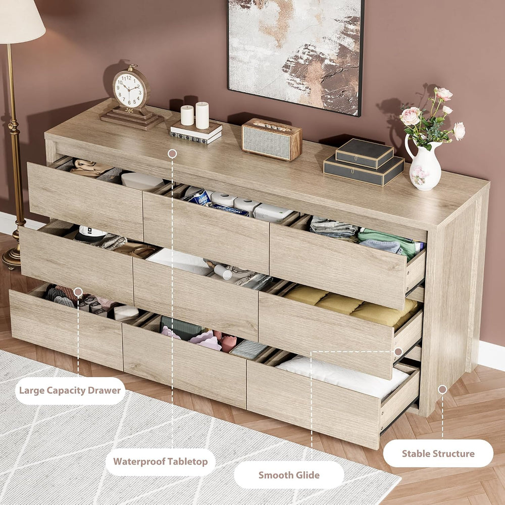 Garvee 9 Drawer Dresser for Bedroom, Wide Chest of Drawers Handle Free