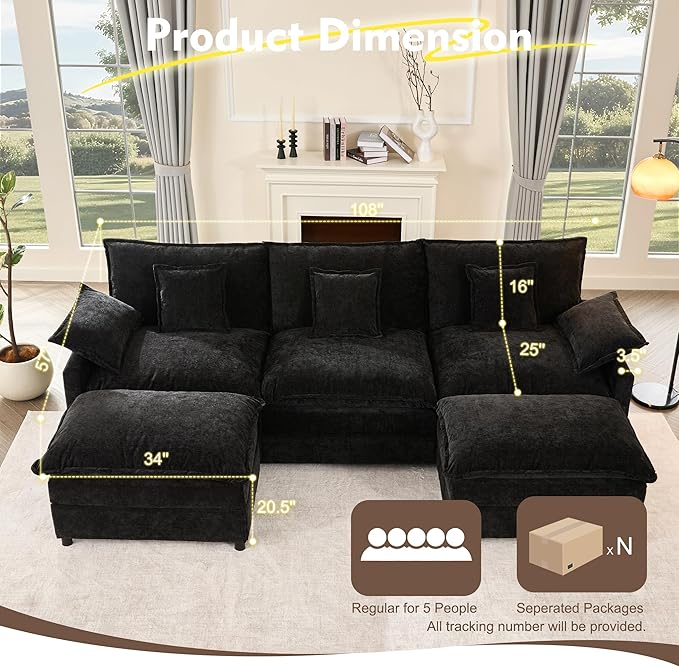 108" U Shaped Couch, Modular Sectional Sofa, 3-Seater Comfy Cloud Couch,...
