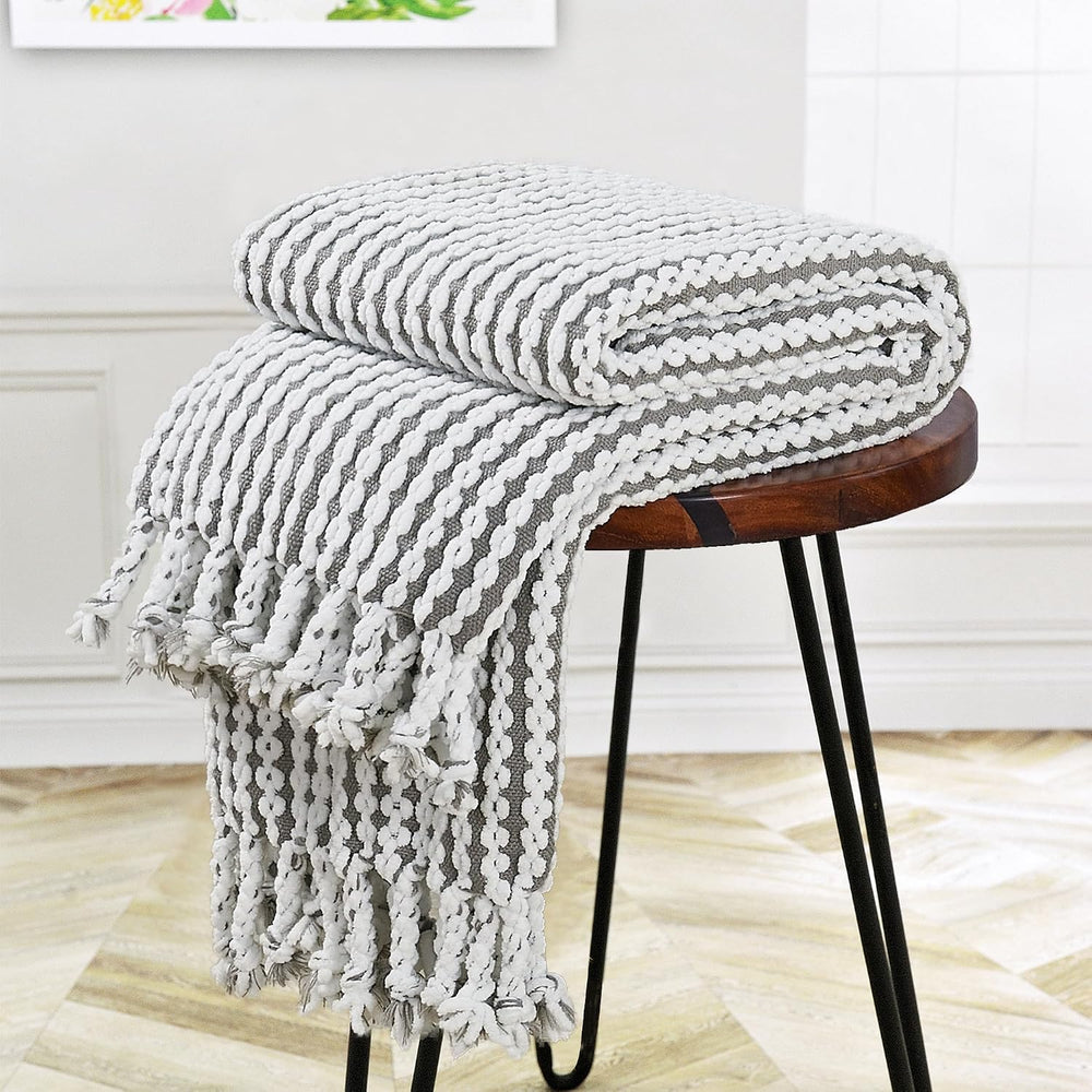 Striped Knit Throw Blanket with Braided Tassels 50" x 60", Hand Kni...
