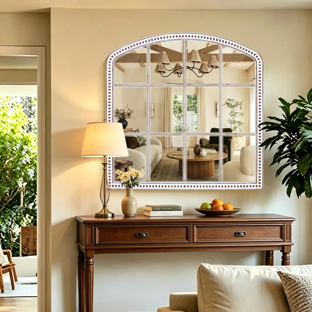 36x36 Inch Farmhouse Arched Window Mirror, Distressed Wooden Wall Mirrors