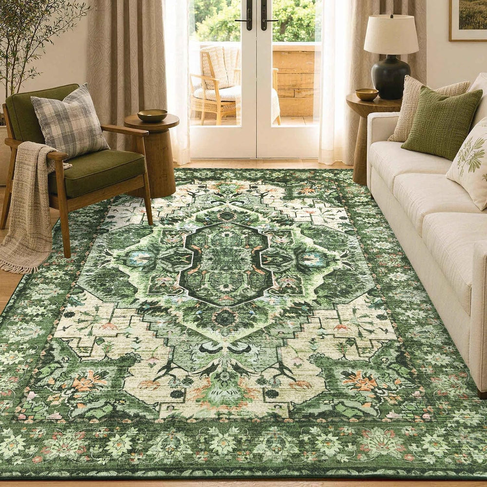 YOH 6x9 Ft Vintage Washable Area Rug for Living Dining Room (Green)