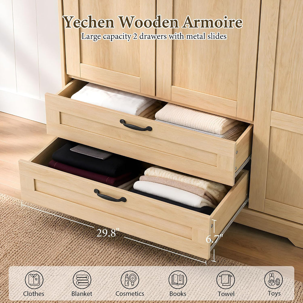 62" Wooden Armoire Wardrobe Closet with 3 Doors & 2 Drawers, Mirror