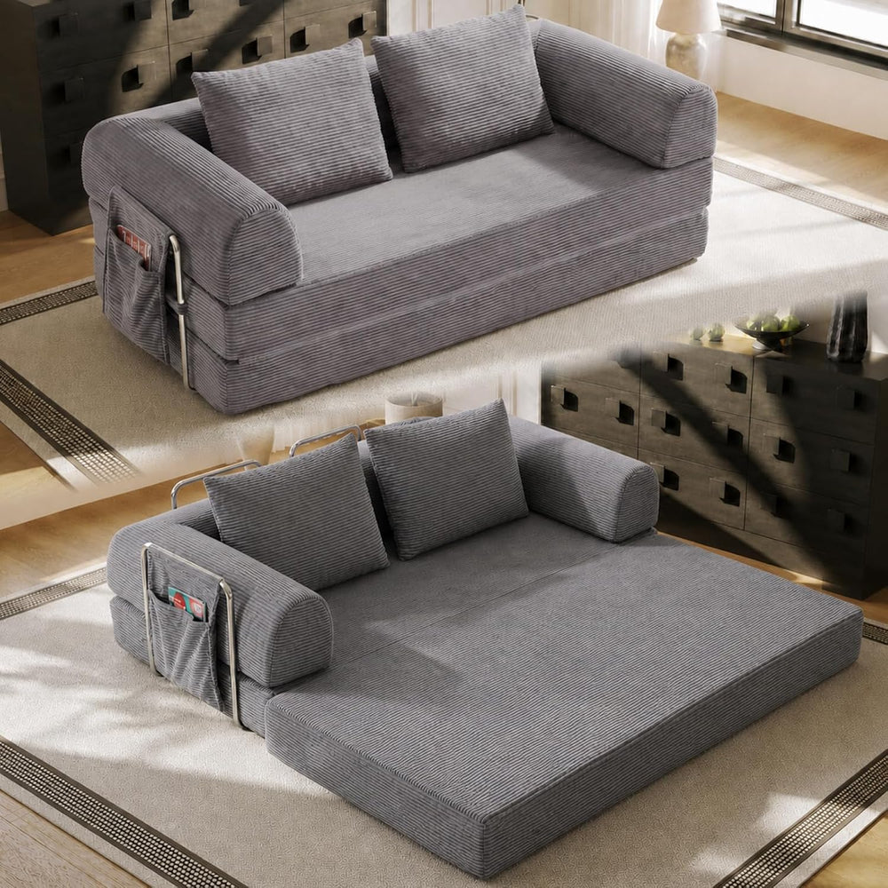 78" Convertible Sofa Bed, Corduroy Pull Out Couch with Fixed Frame &...