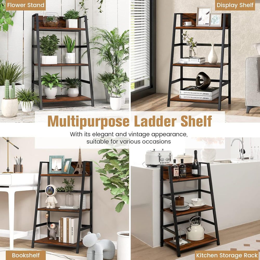 Tangkula 3-Tier Ladder Bookshelf, Industrial Wooden Bookcase w/Metal Frame, A...