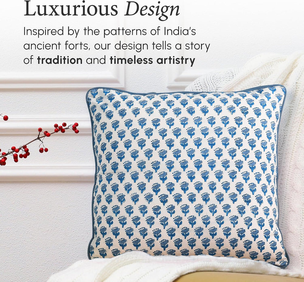 CPC Apatite Blue Block Print Throw Pillow Covers 20x20 Inch, Pack of 2