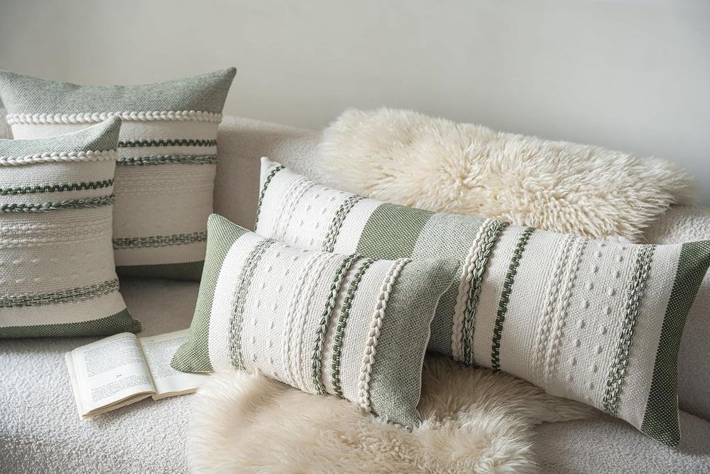 Cethom Boho Lumbar Pillow Covers 14x36 Inch Long, Green Textured Decorative C...