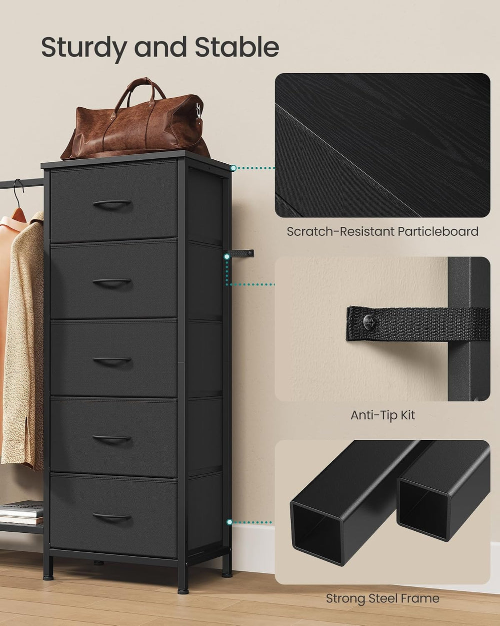 SONGMICS Dresser with Hanging Rod, 5 Fabric Drawers, Bottom Shelf